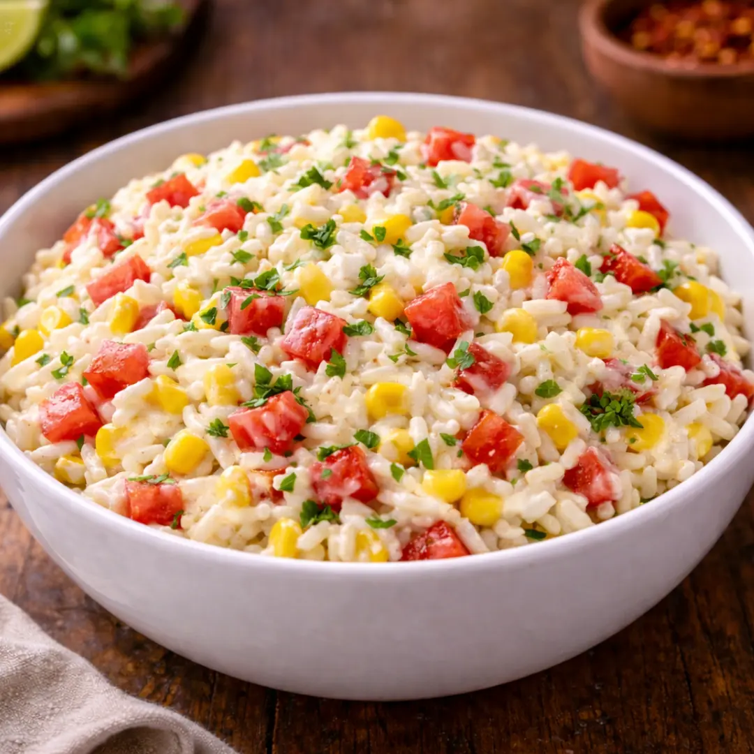 Arroz campesino con choclo, tomate y perejil como acompañamiento para asados