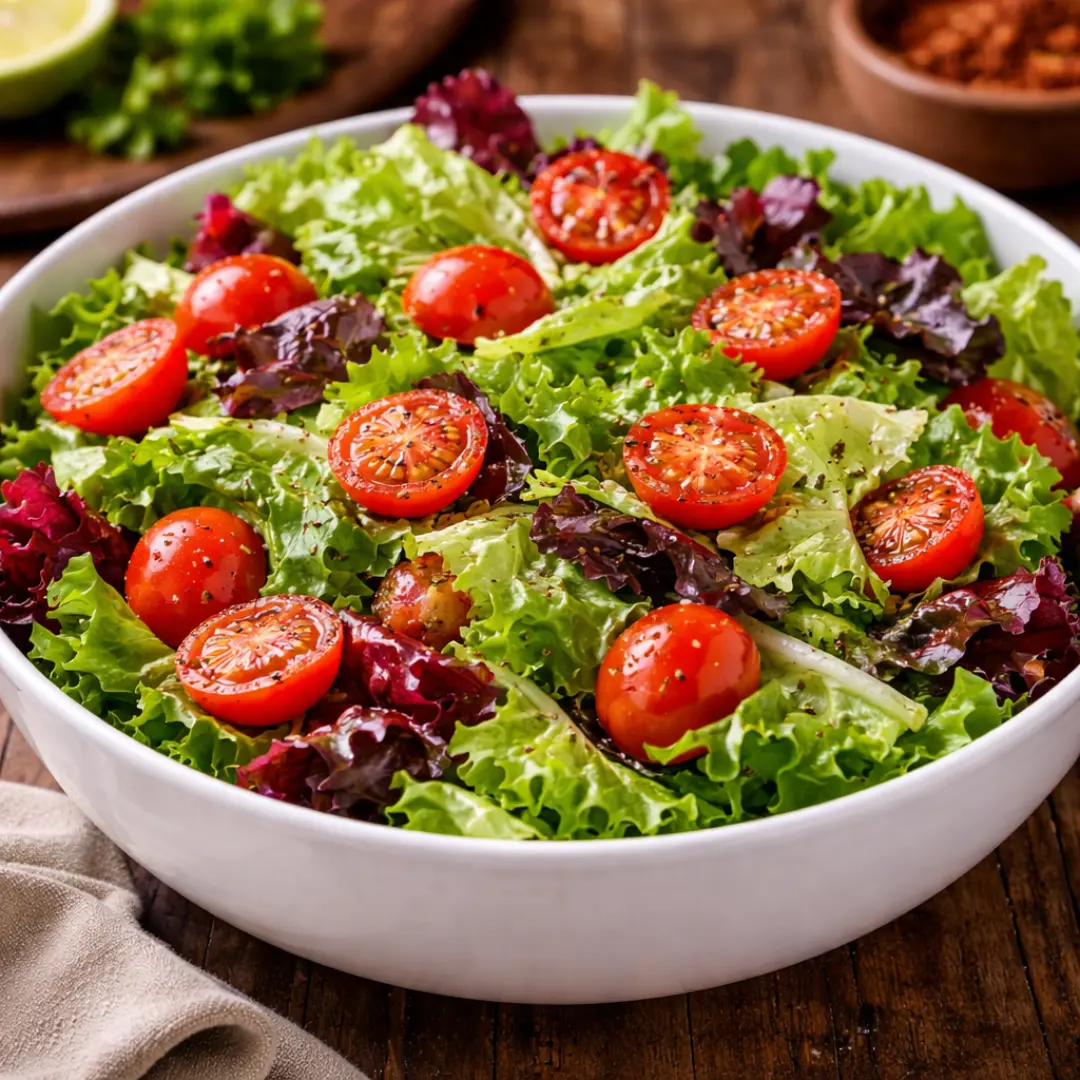 Mix de lechugas frescas con tomates cherry como acompañamiento saludable