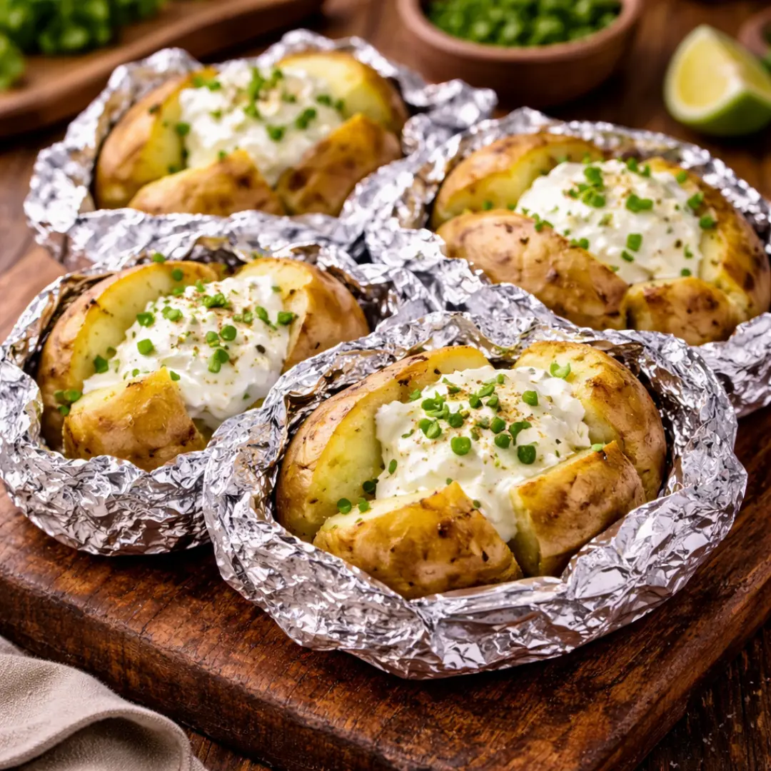 Papas asadas a la parrilla con crema y ciboulette en papel aluminio