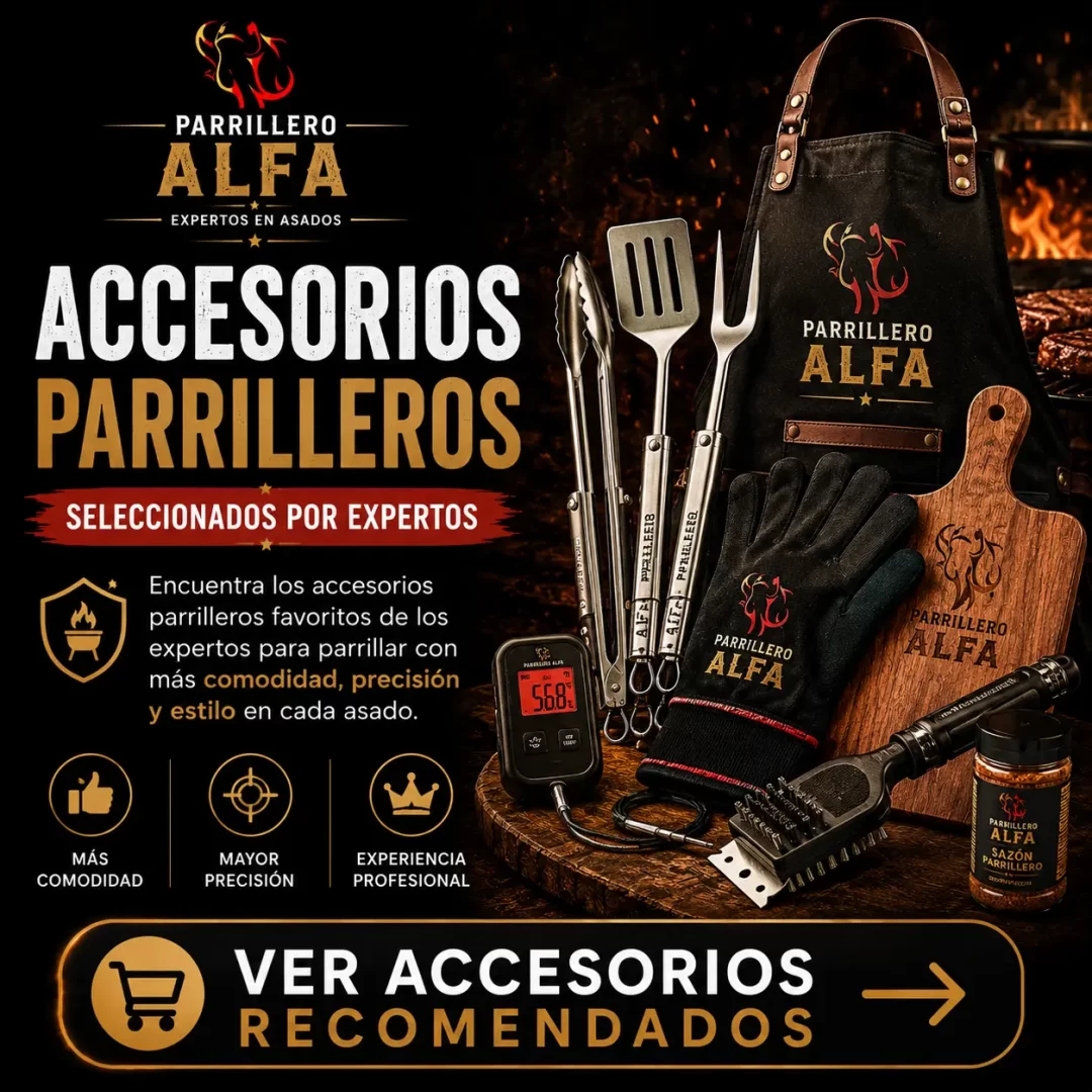 Accesorios parrilleros recomendados por Parrillero Alfa para cocinar con mayor precisión, comodidad y estilo en cada asado.
