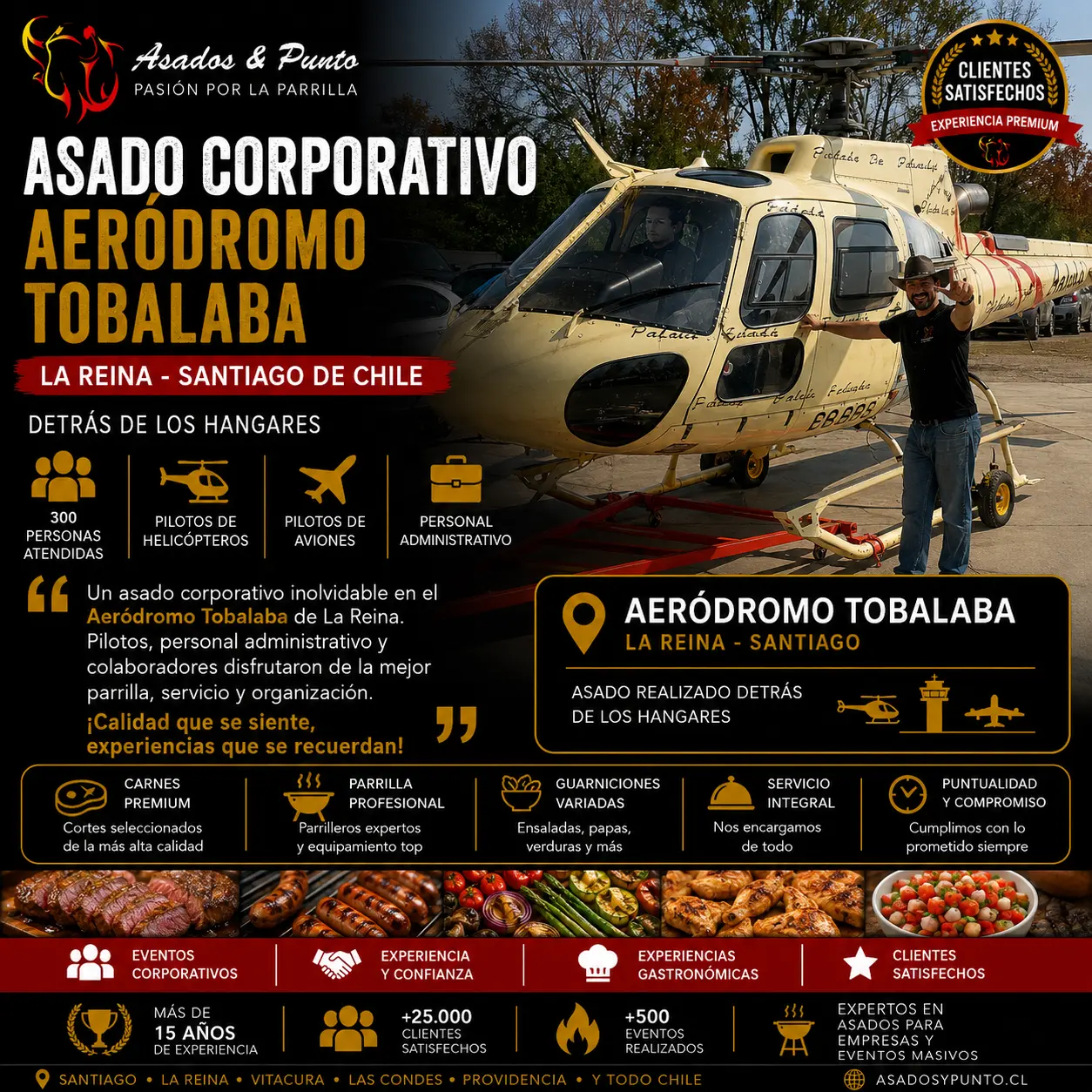 Participante del asado corporativo realizado por Asados y Punto en el Aeródromo Tobalaba de La Reina junto a pilotos, personal aeronáutico y administrativos durante evento para 300 personas.