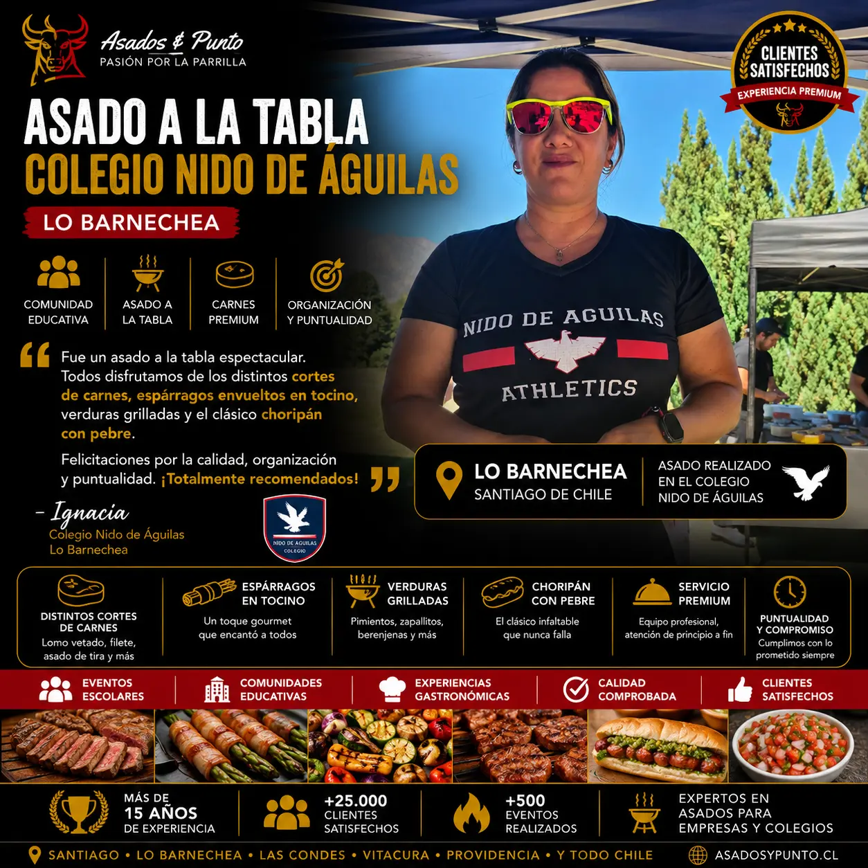 Ignacia del Colegio Nido de Águilas recomendando a Asados y Punto tras exitoso asado a la tabla en Lo Barnechea con carnes premium, choripanes, verduras grilladas y espárragos envueltos en tocino.