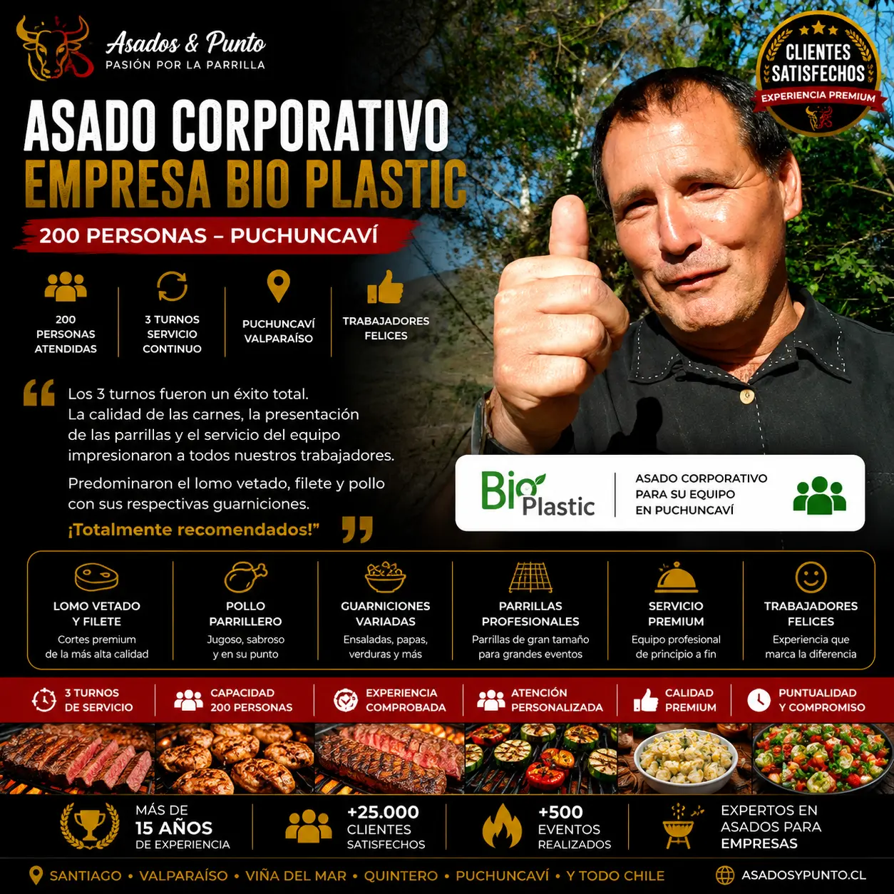 Trabajador de Bio Plastic recomendando el servicio de Asados y Punto durante asado corporativo para 200 personas en Puchuncaví con lomo vetado, filete, pollo y guarniciones.