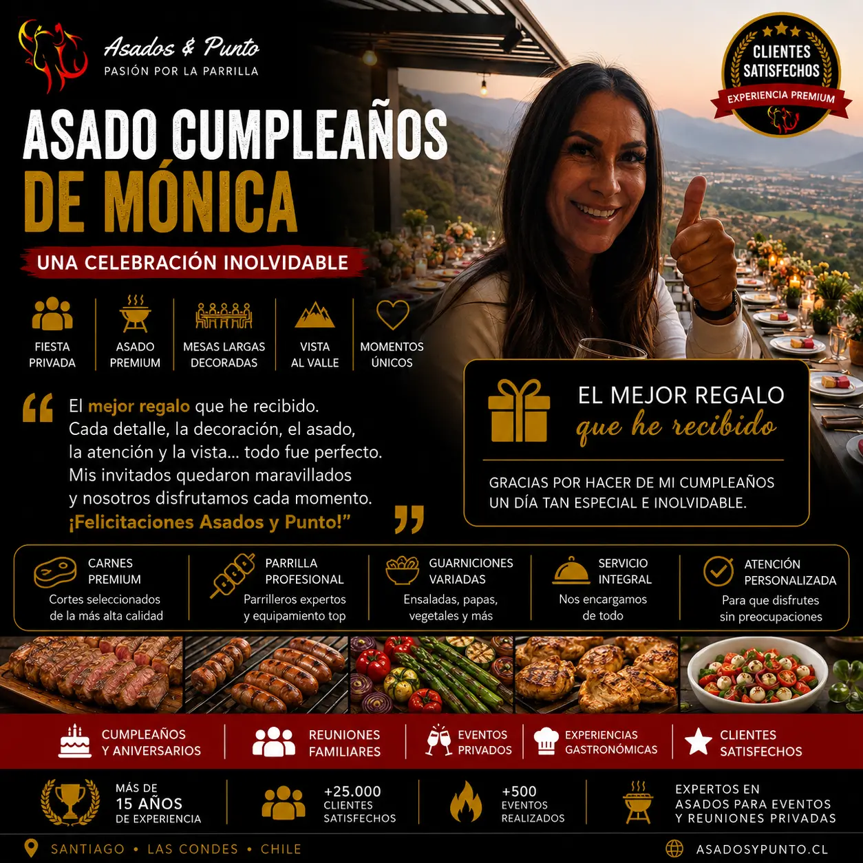 Mónica disfrutando de su cumpleaños con un exclusivo asado premium organizado por Asados y Punto en Las Condes, con mesas elegantemente decoradas y vista panorámica al valle.