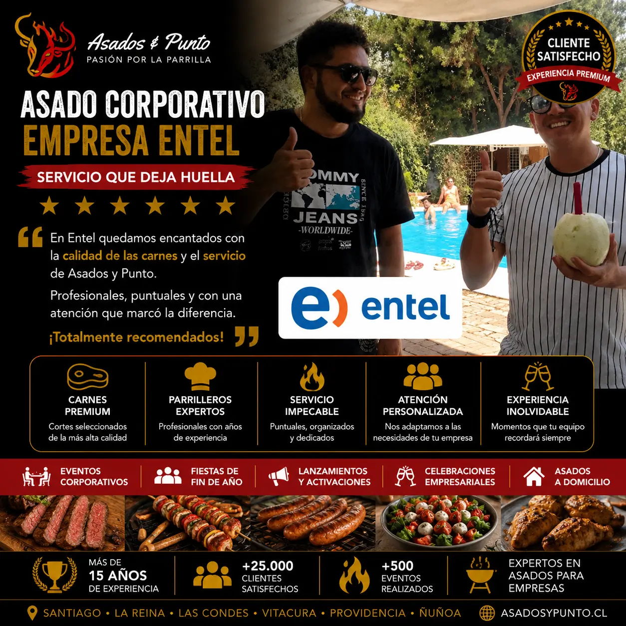 Colaboradores de Entel disfrutando un asado corporativo organizado por Asados y Punto con carnes premium, atención profesional y experiencia gastronómica de primer nivel en Santiago.