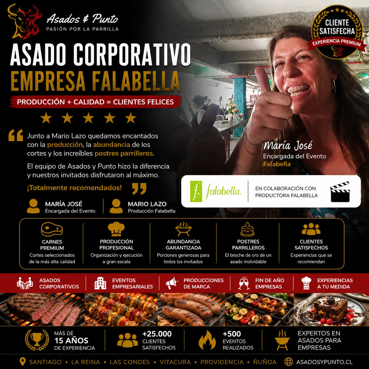 María José de Falabella recomienda a Asados y Punto tras un exitoso asado corporativo donde destacaron la producción, la abundancia de los cortes premium y los postres parrilleros.