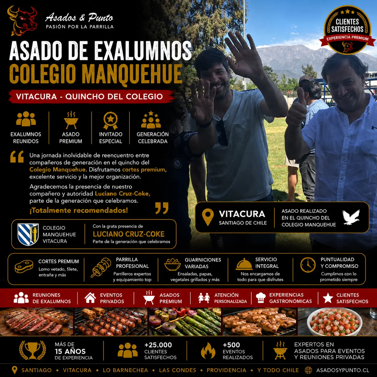 Exalumnos del Colegio Manquehue disfrutando un asado premium organizado por Asados y Punto en el quincho del colegio en Vitacura durante una reunión de generación.