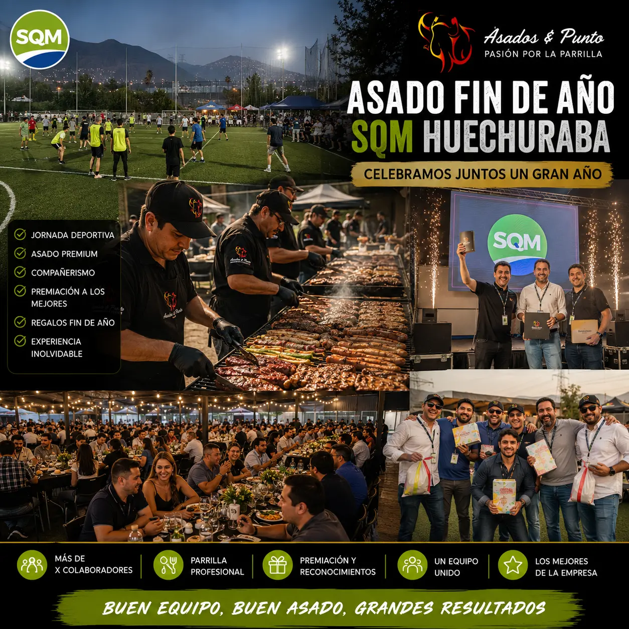 Asado corporativo de fin de año para SQM en Huechuraba con actividades deportivas, premiación a colaboradores destacados y servicio premium de Asados y Punto para empresas.