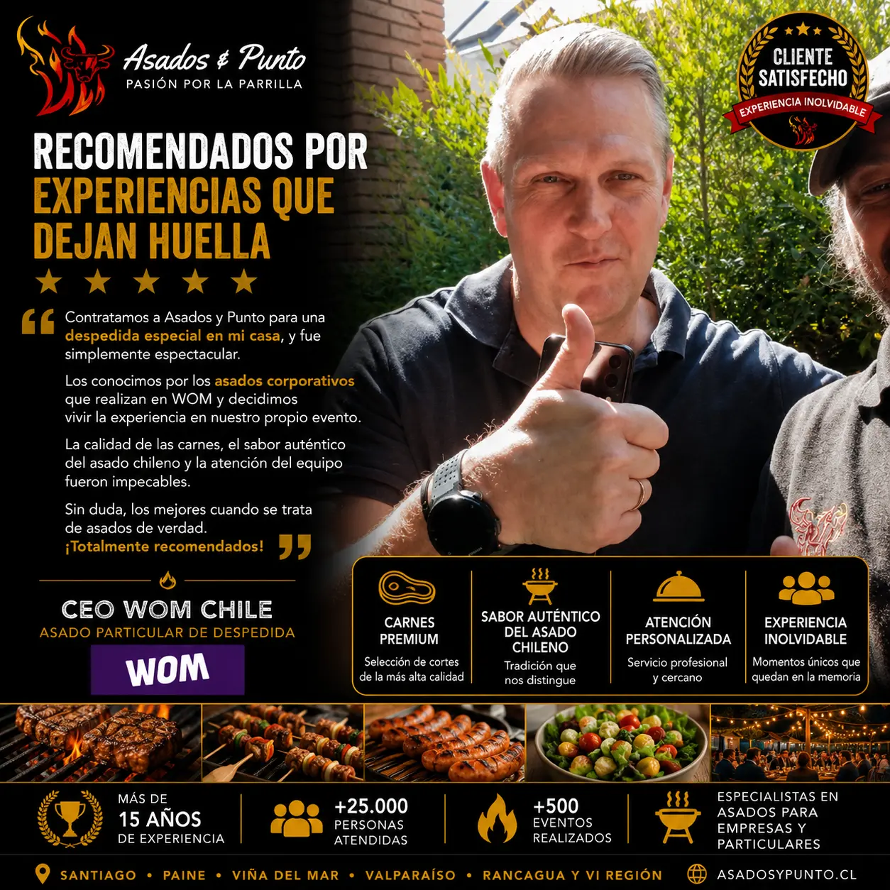 Ejecutivo de WOM Chile recomendando los servicios de Asados y Punto después de una despedida privada con asado premium realizado en Santiago.