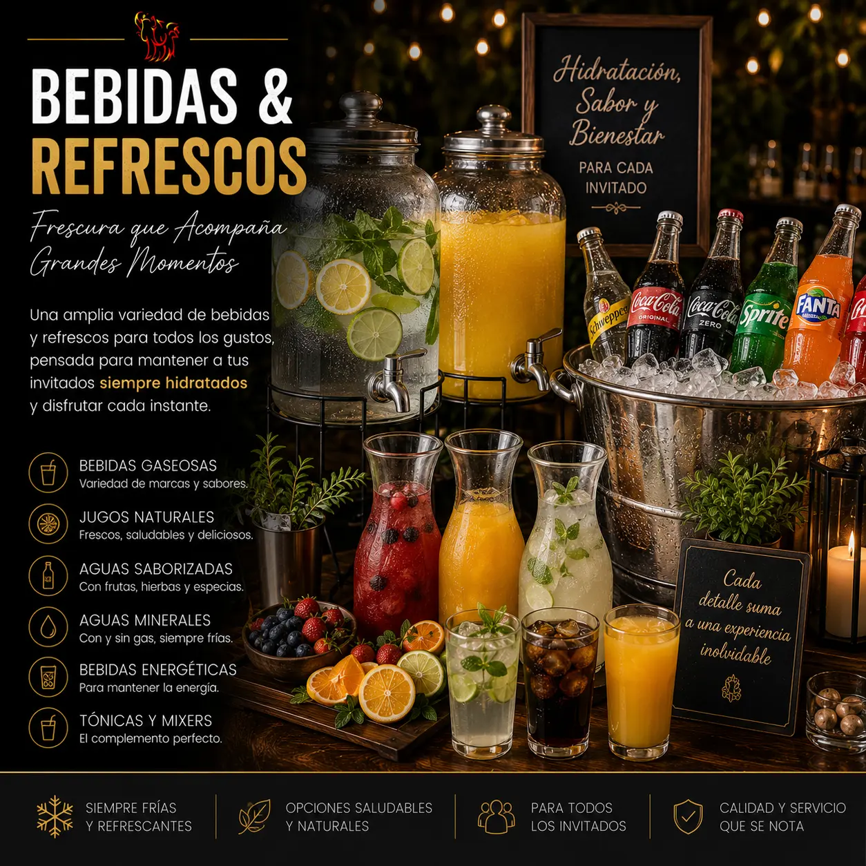 Estación de bebidas y refrescos con jugos naturales, aguas saborizadas, bebidas gaseosas y refrescos premium para matrimonios, eventos corporativos y celebraciones de Asados y Punto.