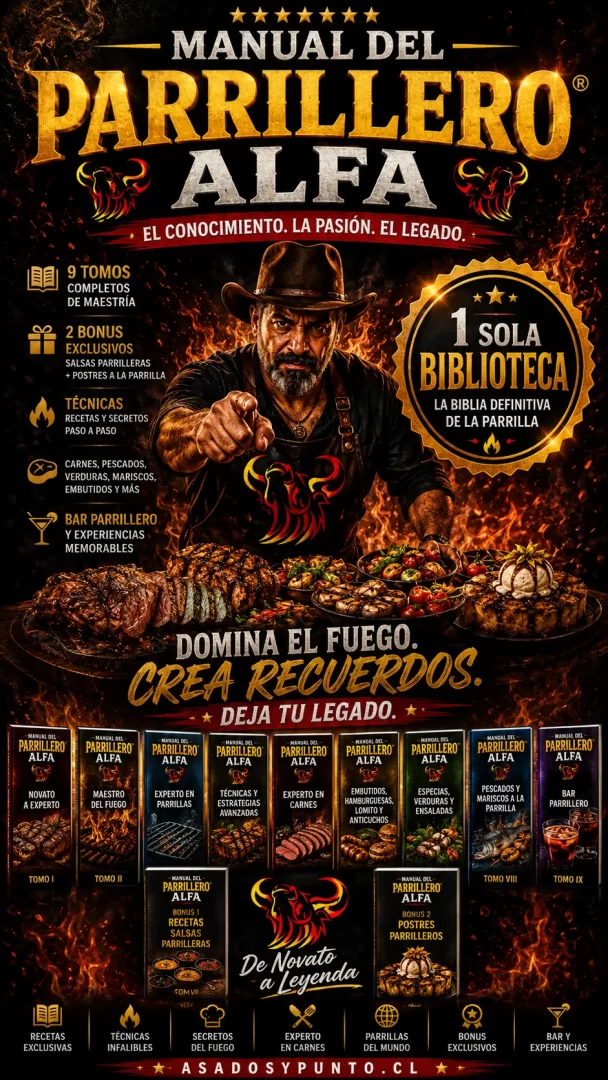 Manual del Parrillero Alfa biblioteca completa con 9 tomos y 2 bonus exclusivos sobre asados, carnes, parrillas, técnicas parrilleras, pescados, mariscos, salsas y postres a la parrilla.