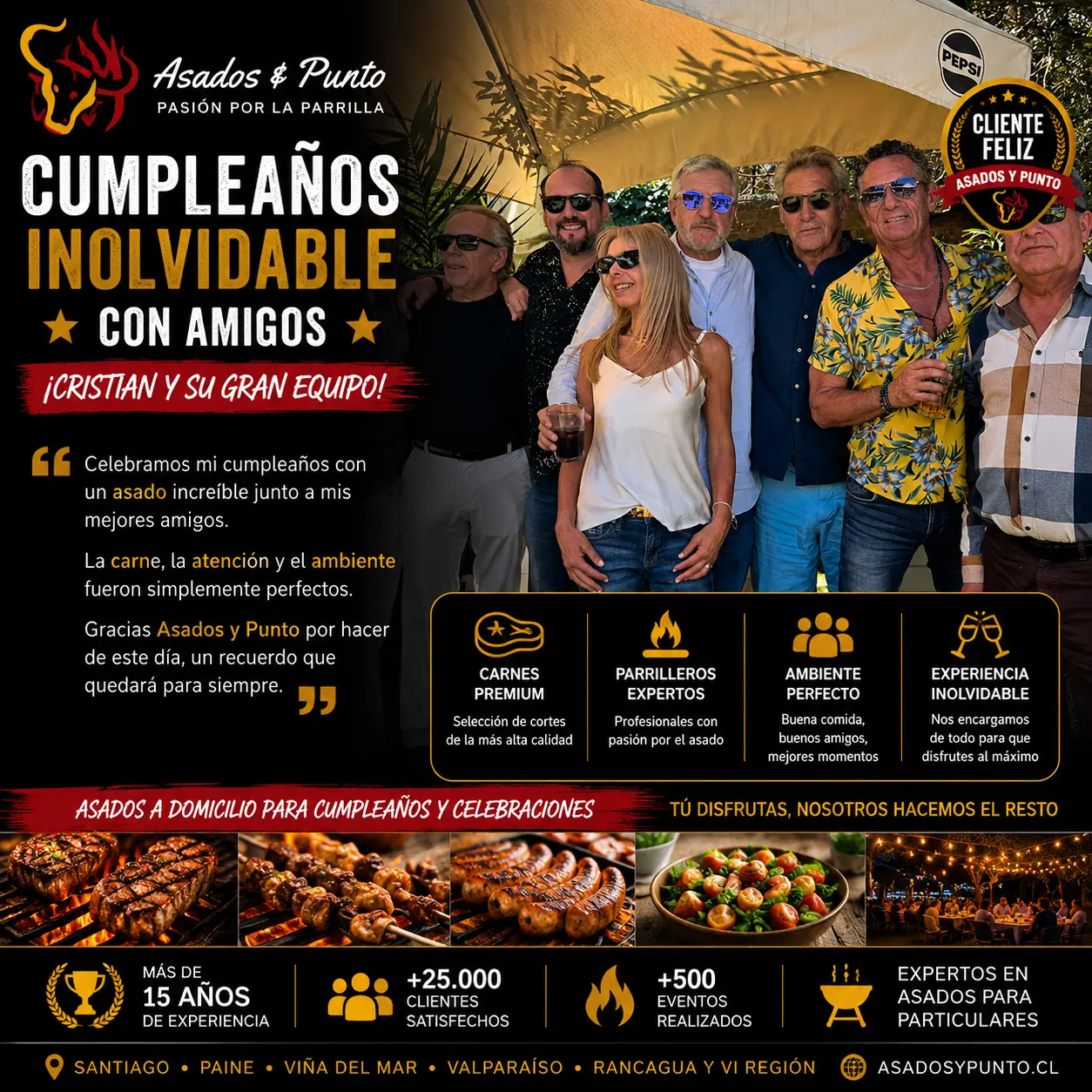Celebración de cumpleaños junto a amigos disfrutando un asado premium organizado por Asados y Punto en Santiago de Chile.