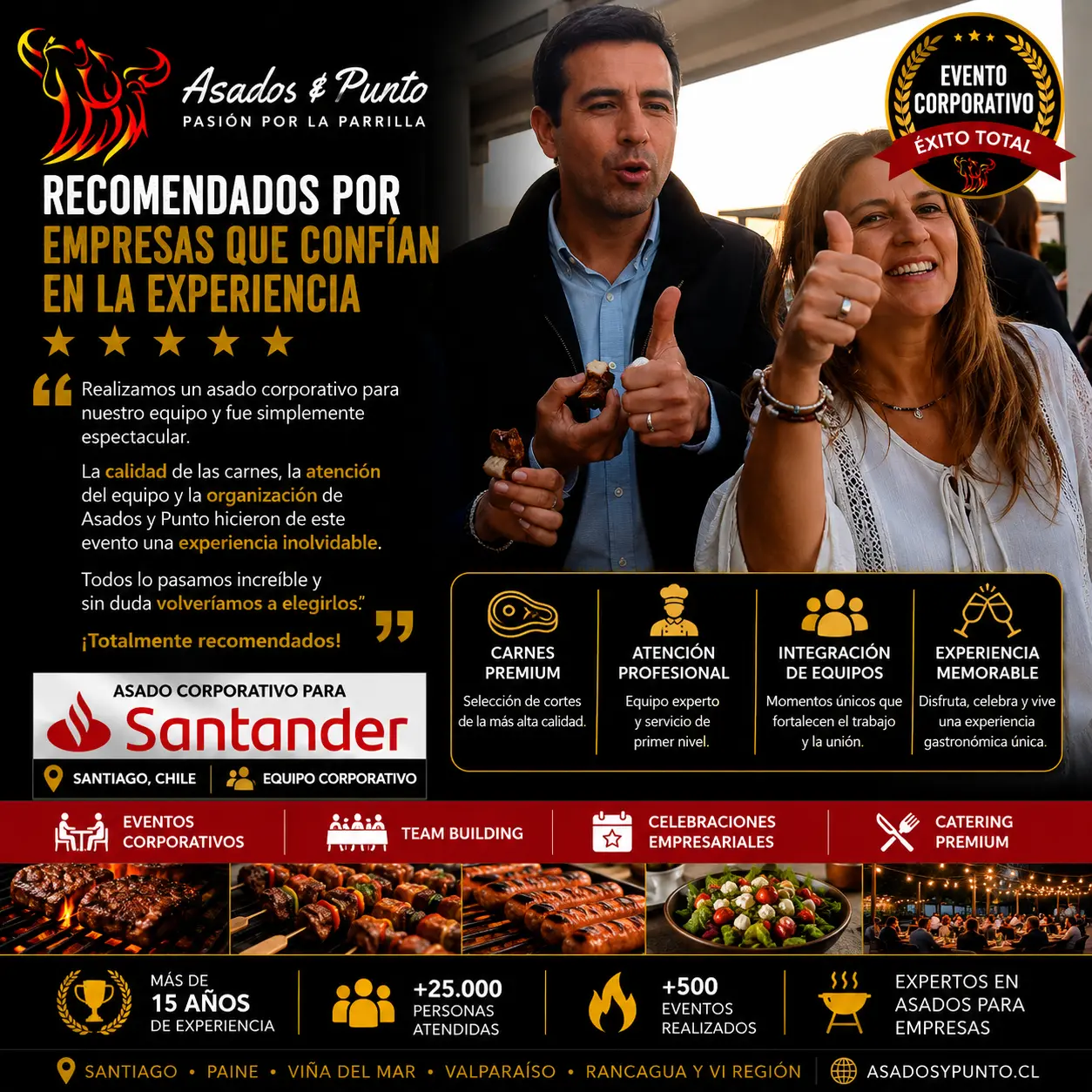 Participantes de un evento corporativo disfrutando un asado premium organizado por Asados y Punto para una importante institución financiera.