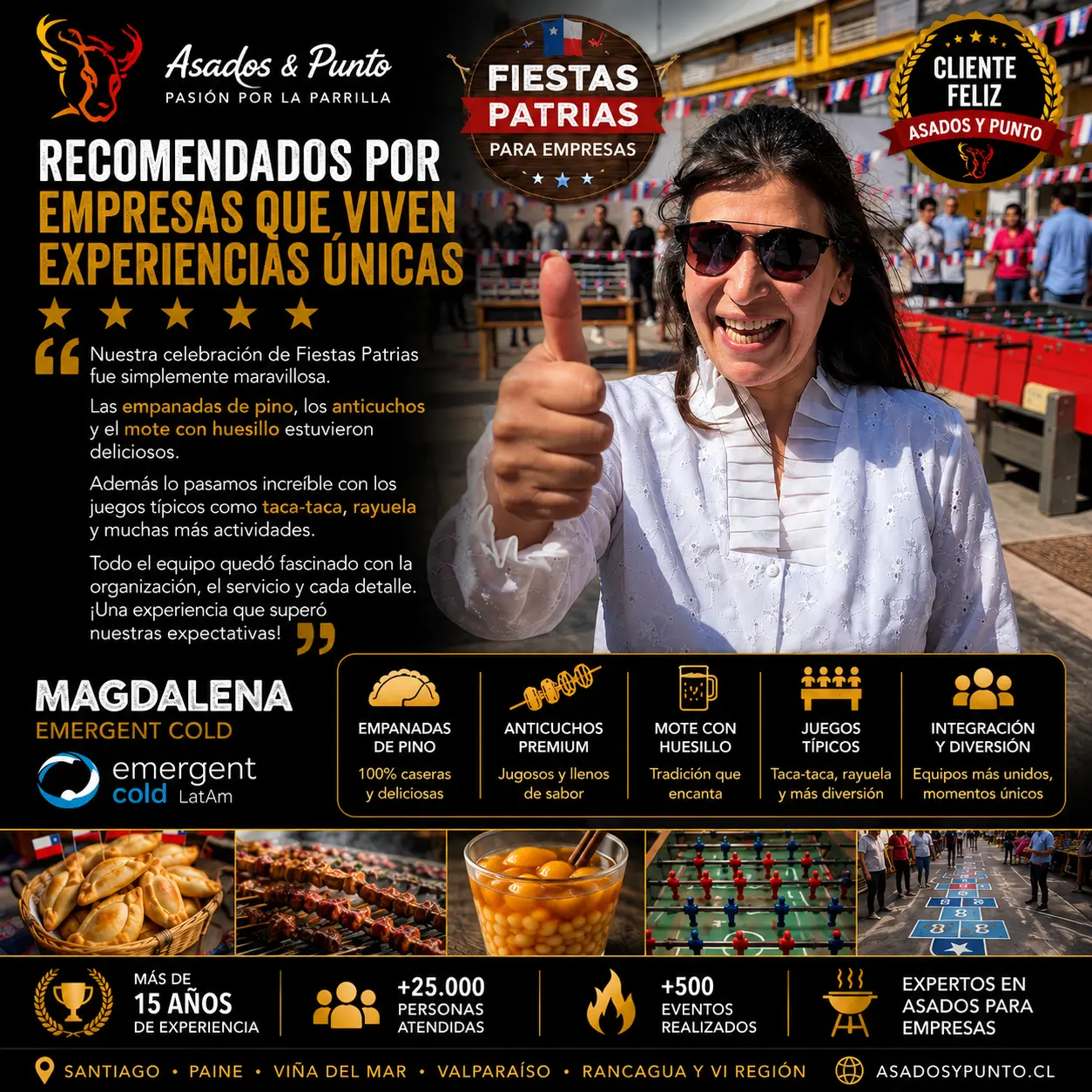 Magdalena de Emergent Cold disfrutando la celebración de Fiestas Patrias organizada por Asados y Punto con empanadas, anticuchos, mote con huesillo y juegos típicos chilenos.