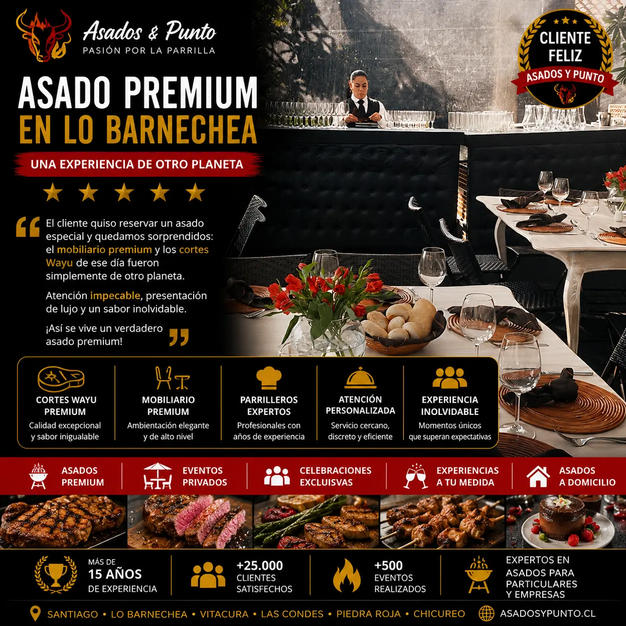 Montaje premium para asado privado en Lo Barnechea con mobiliario de lujo, servicio profesional y cortes Wagyu organizados por Asados y Punto.