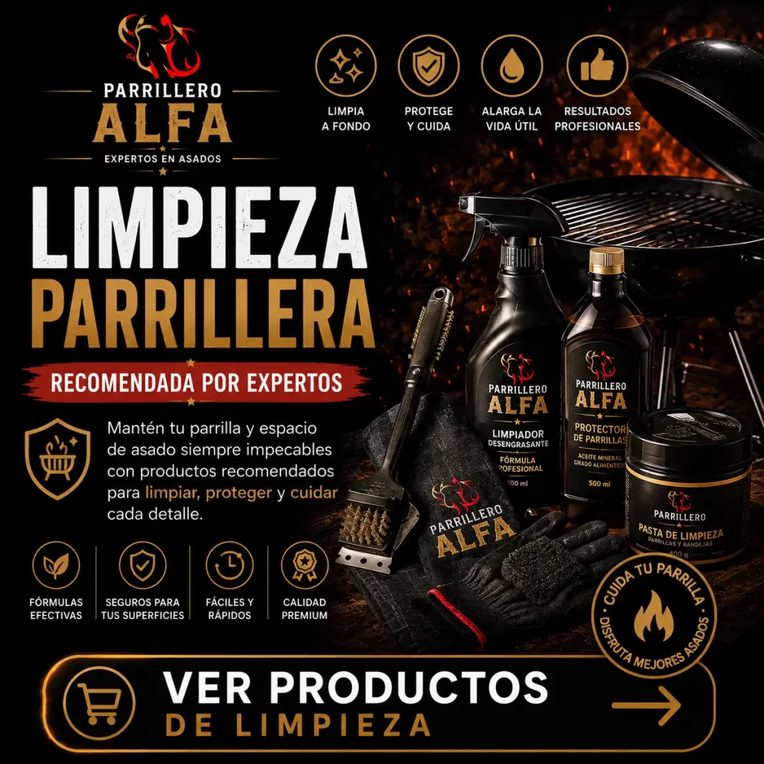 Productos de limpieza parrillera recomendados por Parrillero Alfa para limpiar, proteger y mantener parrillas en perfecto estado.