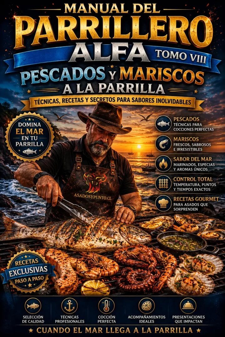 Manual del Parrillero Alfa Tomo 8 especializado en pescados y mariscos a la parrilla, con técnicas de cocción, preparación de pescados, mariscos y recetas para parrilladas gourmet.