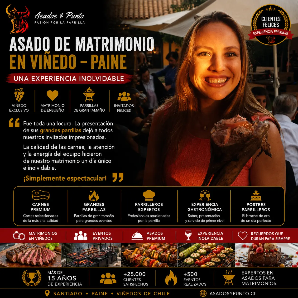 Invitada disfrutando un asado premium durante un matrimonio en un viñedo de Paine, con grandes parrillas y servicio gastronómico profesional de Asados y Punto.