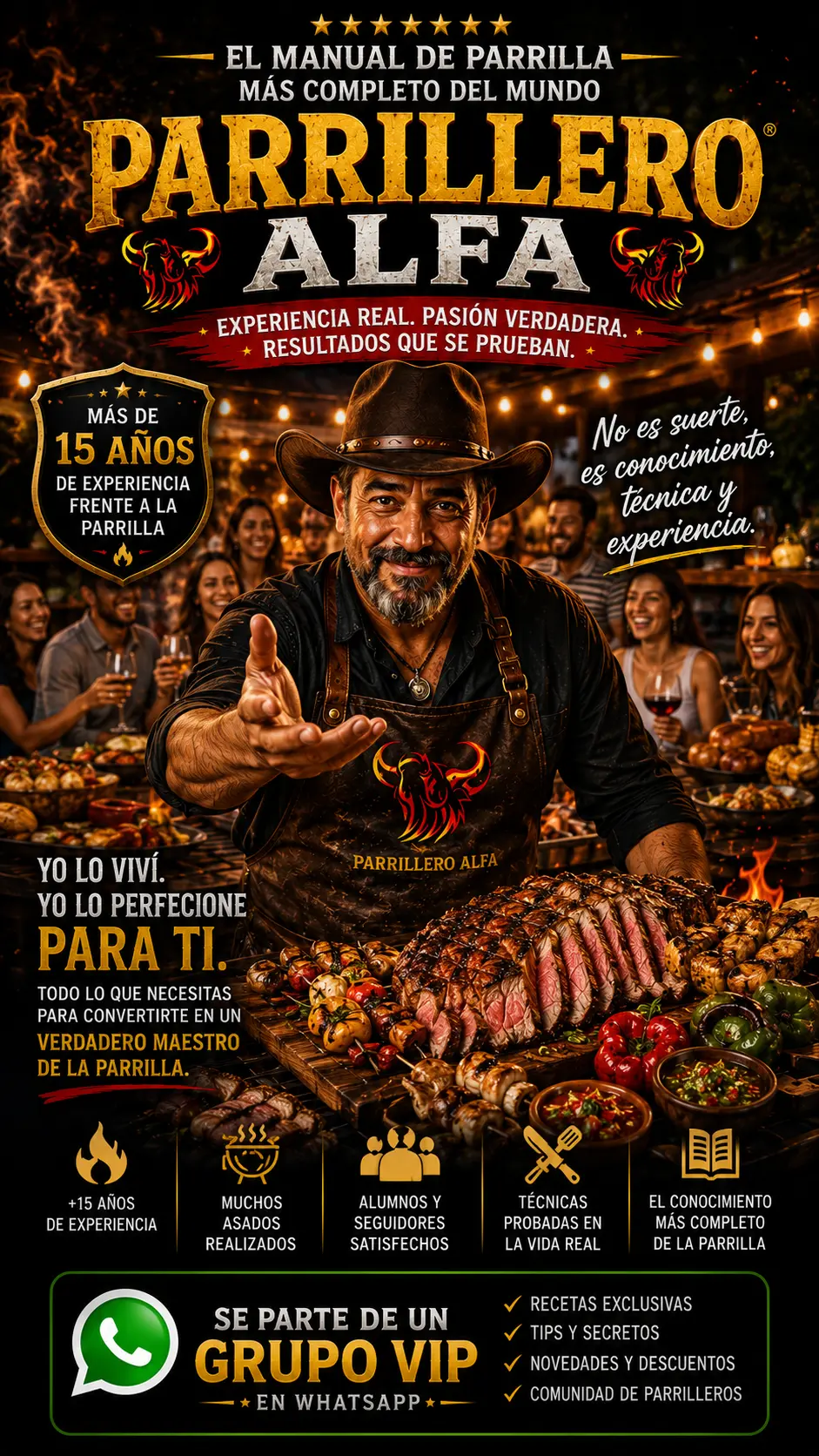 Parrillero Alfa experto en asados mostrando técnicas profesionales de parrilla frente a un gran asado con personas felices, comunidad VIP y biblioteca completa de conocimientos parrilleros.