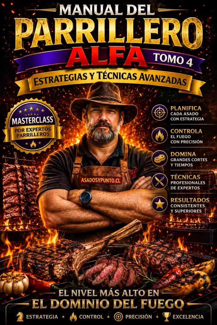 Manual del Parrillero Alfa Tomo 4 Estrategias y Técnicas Avanzadas. Aprende técnicas profesionales de cocción, manejo de grandes cortes, control de tiempos, precisión parrillera y estrategias avanzadas para resultados superiores.