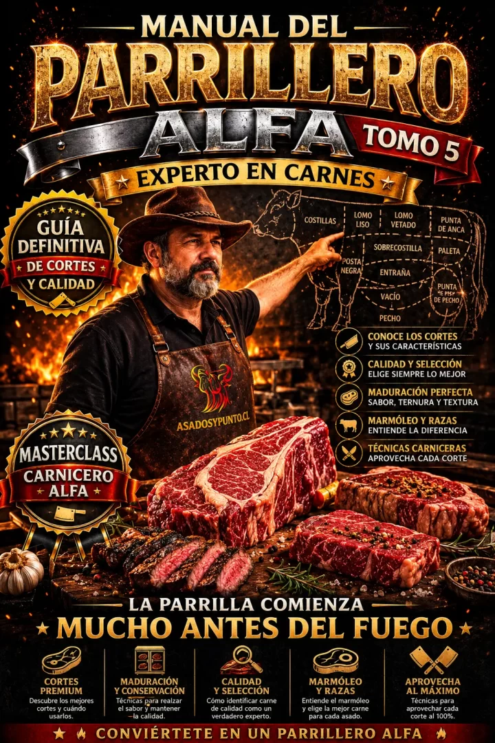 Manual del Parrillero Alfa Tomo 5 Experto en Carnes. Aprende cortes de vacuno, selección de carnes, marmoleo, maduración, calidad, características y técnicas para elegir la mejor carne para cada asado.
