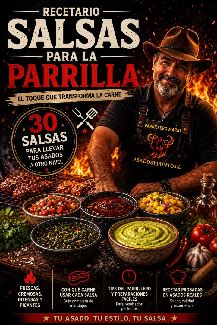 Recetario de 30 salsas para la parrilla de Parrillero Alfa con recetas de chimichurri, salsas cremosas, picantes y acompañamientos para carnes asadas.